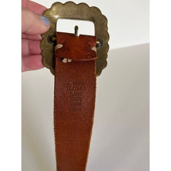 Vintage Women's Linea Pelle Handmade Belt Leather Brass Ornate Rectangle Buckle - Picture 7 of 8